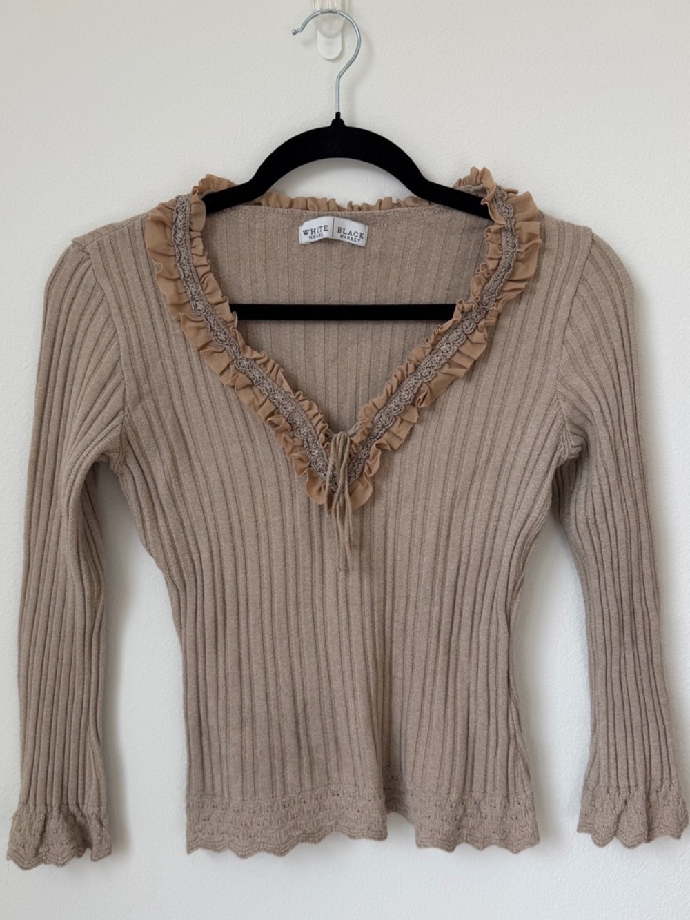 White House Black Market Beige Ribbed Long Sleeve Tee with Ruffle V-Neck